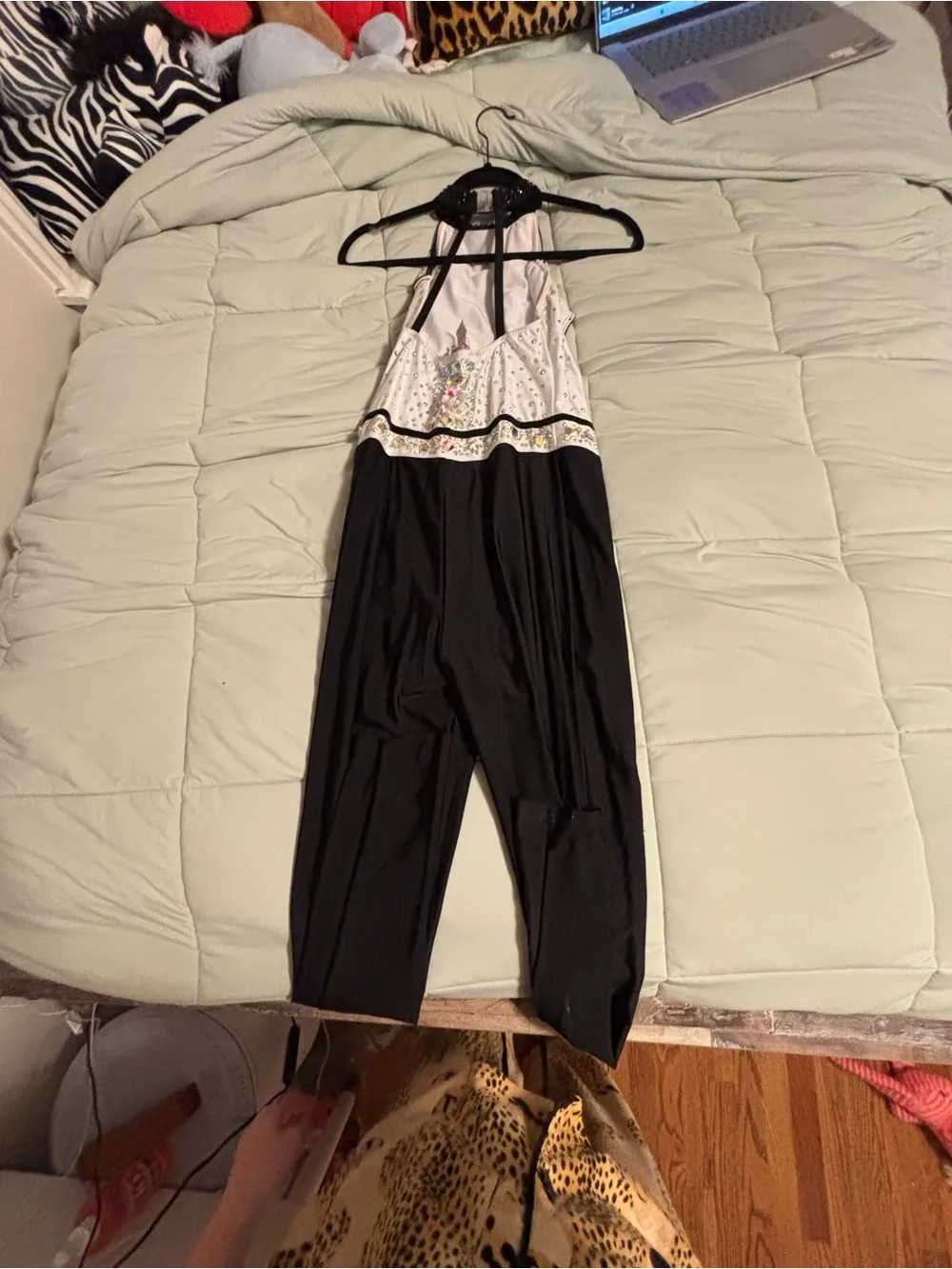 Glamorous Kid/A Dance Costume White with Black Straps and Iridescent Rhinestones